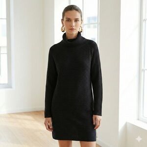 COS Black 100% Wool Ribbed Turtleneck Tunic Sweater Dress - Large